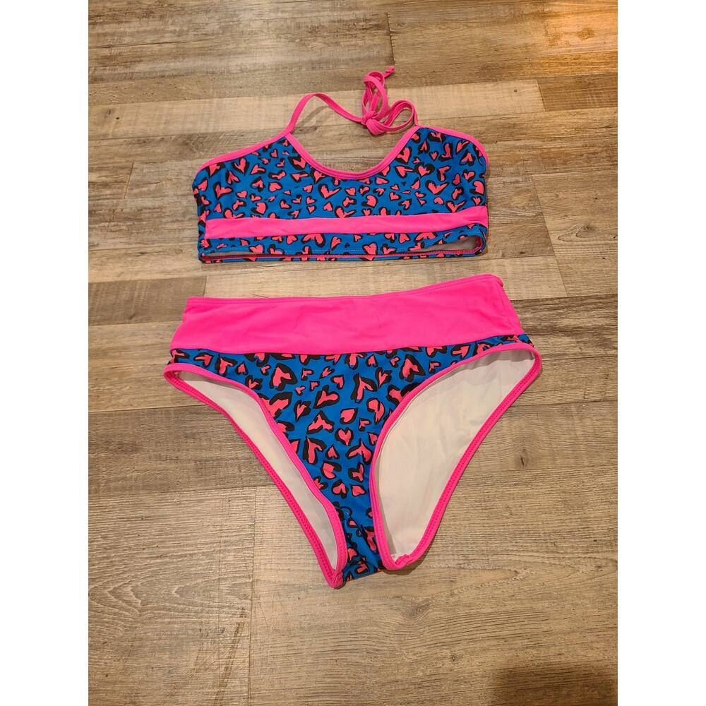 Unknown brand medium womens pink and blue leopard print two piece swimsuit